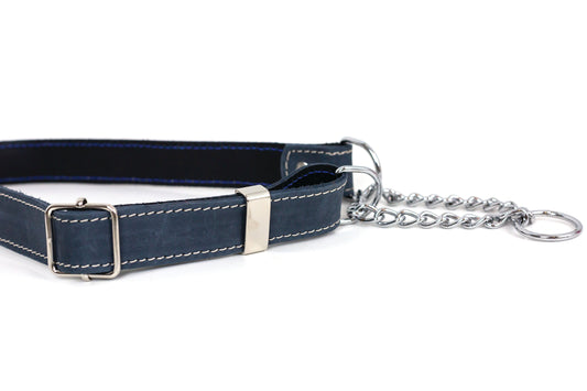 Euro-Dog Martingale Leather Dog Collar – Blue Jeans Full-Grain American Leather with European Steel Hardware, Made in USA