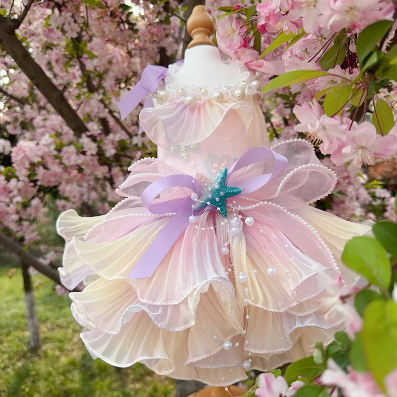 Luxury Handmade Pink Pearl Starfish Dog Party Dress – Designer Layered Tulle Gown with Faux Pearl Trim & Bow for Small to Medium Dogs (XS–XL)