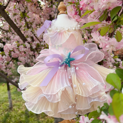 Luxury Handmade Pink Pearl Starfish Dog Party Dress – Designer Layered Tulle Gown with Faux Pearl Trim & Bow for Small to Medium Dogs (XS–XL)