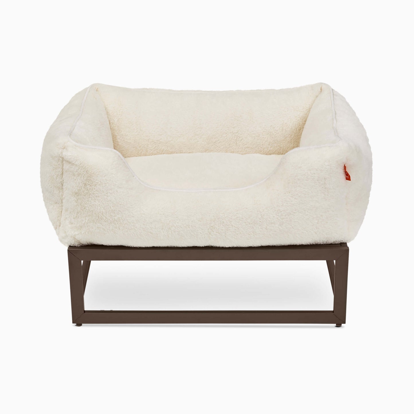 FÜZI Elevated Dog Bed – Soft White Bolster & Dark Brown Metal Base