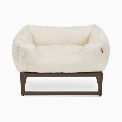 FÜZI Elevated Dog Bed – Soft White Bolster & Dark Brown Metal Base