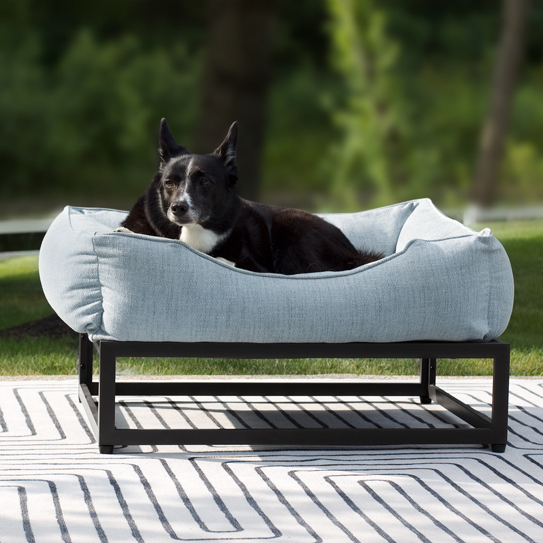 The FÜZI Elevated Dog Bed – Mist Blue Performance Fabric on Black Metal Base (S/M/L/XL)