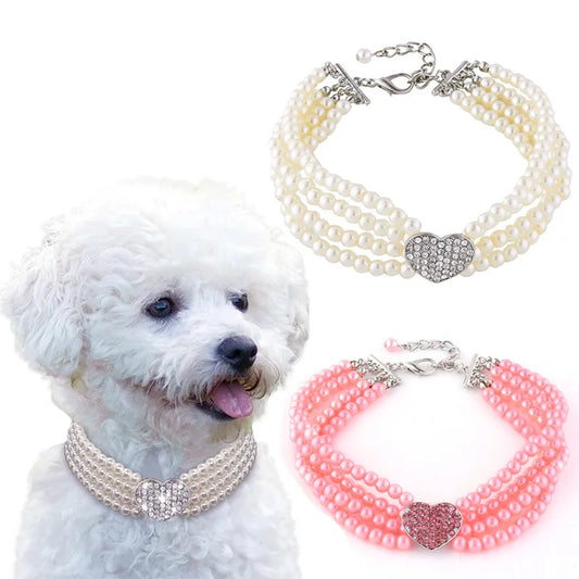 4-Row Pearls Dog Necklace with Rhinestone Heart Pendant – Elegant Adjustable Pearl Collar for Dogs (S–L, Pink/White/Blue)