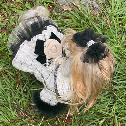 Designer Chanel-Inspired Tweed Dog Dress Coat – Handmade Luxury Dog Coat with Fur Trim, Lace & Tulle Skirt (S–2XL, Custom Sizes Available)
