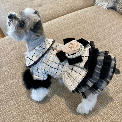 Designer Chanel-Inspired Tweed Dog Dress Coat – Handmade Luxury Dog Coat with Fur Trim, Lace & Tulle Skirt (S–2XL, Custom Sizes Available)