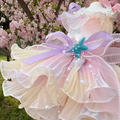 Luxury Handmade Pink Pearl Starfish Dog Party Dress – Designer Layered Tulle Gown with Faux Pearl Trim & Bow for Small to Medium Dogs (XS–XL)