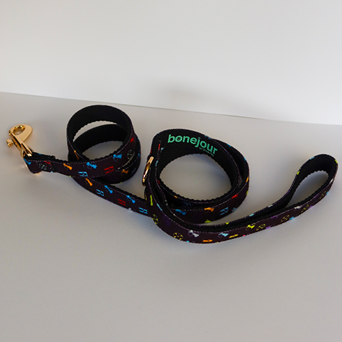 Bonejour Petite Dog Leash – Black Multi Recycled Material with Pooie Vuiton Print, Eco-Friendly & Stylish