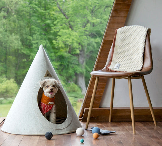Nooee Pet Cave Buddy (L) – Cream Modern Cone-Shaped Pet Bed with Machine-Washable Cushion, Portable Roll-Up Design with Travel Bag, Fits Pets Up to 18 lbs, 27”H x 26”L x 26”D