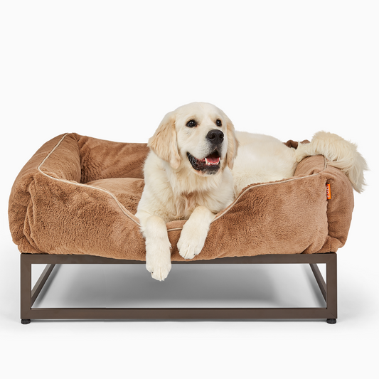 The FÜZI Elevated Dog Bed – Light Brown Faux Fur & Dark Brown Metal Base (S/M/L)