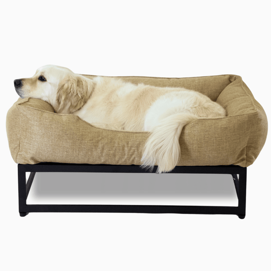 The FÜZI Elevated Dog Bed – Flax Performance Fabric on Black Metal Base (S/M/L/XL)