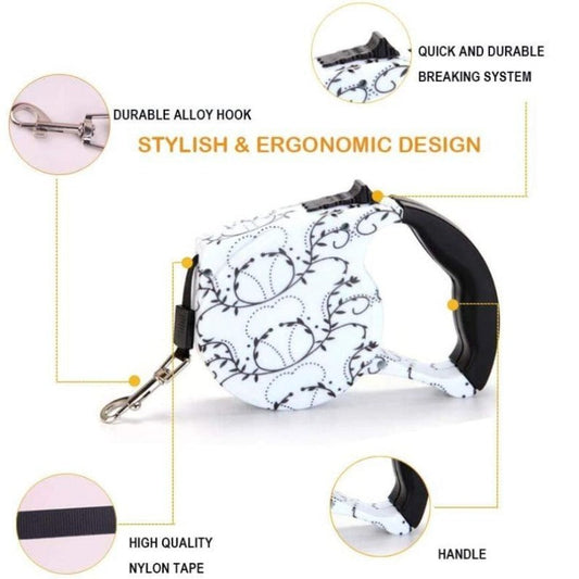 Swirling Vine Retractable Dog Leash – 5M Reflective Nylon Lead for Small & Medium Dogs | Posh Dog Life