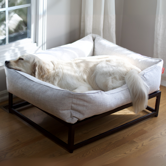 The FÜZI Raised Dog Bed – Pale Grey Performance Fabric with Black Metal Base