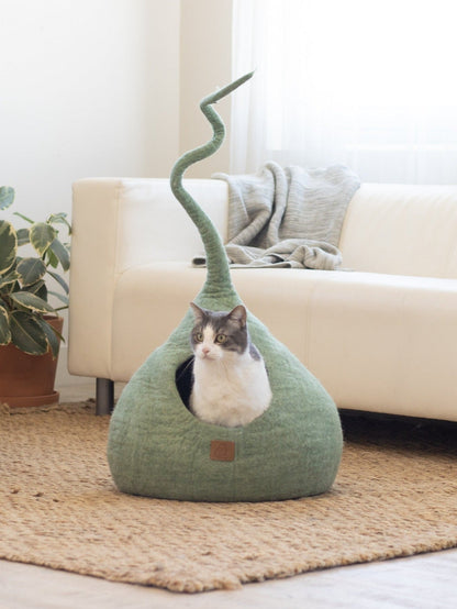 Fuzzy Cove Eucalyptus Green Tail Style Felted Wool Cat Cave – Handcrafted Peekaboo Cozy Bed for Cats