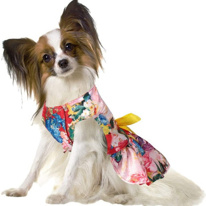 Red Floral Dog Party Dress | Elegant Satin Dress with Yellow Bow for Small Dogs