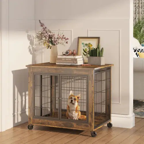 Rolling Rustic Brown Dog Crate Table – Furniture-Style Kennel with Double Doors & Wheels