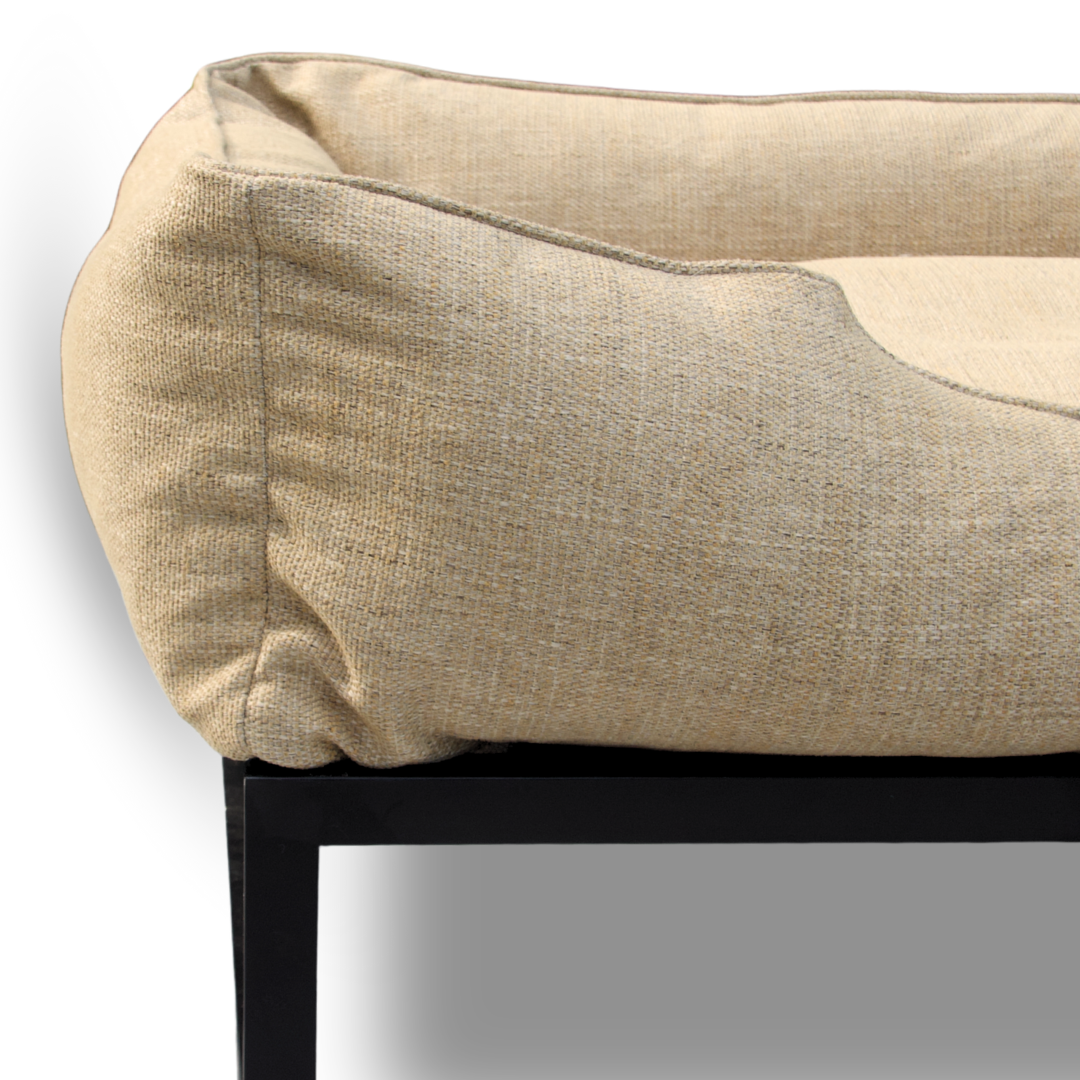 The FÜZI Elevated Dog Bed – Flax Performance Fabric on Black Metal Base (S/M/L/XL)