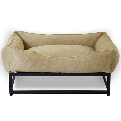 The FÜZI Elevated Dog Bed – Flax Performance Fabric on Black Metal Base (S/M/L/XL)