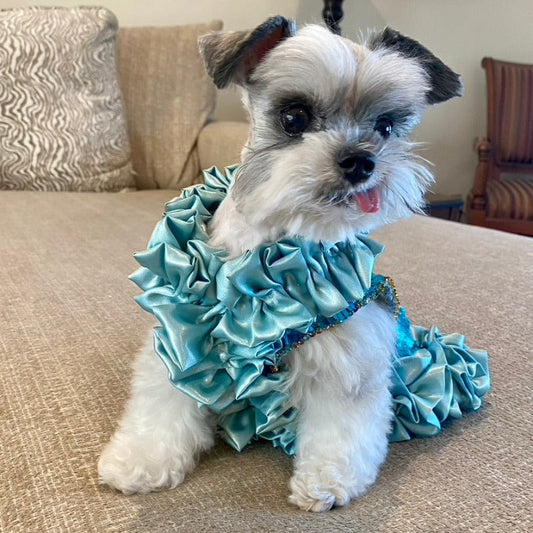 C’Mimi Designer Couture Shimmering Blue Dog Party Dress – Handmade aqua satin and sequin couture dress with rhinestone details, designed by Jan Ben. One-of-a-kind and made to order (6–8 weeks). Sizes XS–3XL, custom sizes available.