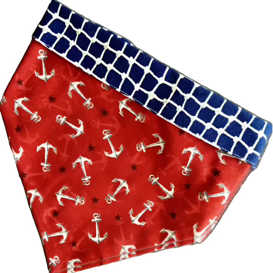 Anchors Bandana Dog Collar – Handmade USA Cotton Red Bandana with Blue Trim & Anchor Print, Adjustable Buckle Design (XS–XL, by Chloe & Max)
