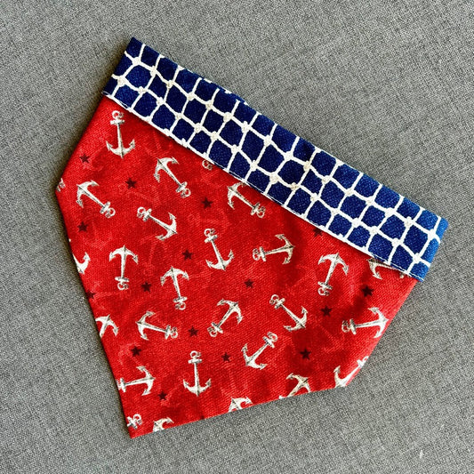 Anchors Bandana Dog Collar – Handmade USA Cotton Red Bandana with Blue Trim & Anchor Print, Adjustable Buckle Design (XS–XL, by Chloe & Max)