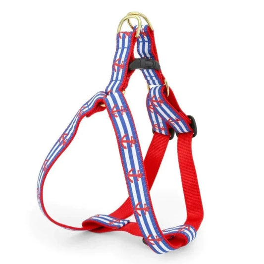 Up Country Anchors Aweigh Dog Harness & Leash Matching Set – Made in USA Adjustable Step-In Nautical Harness with Brass Hardware (Small–Large)