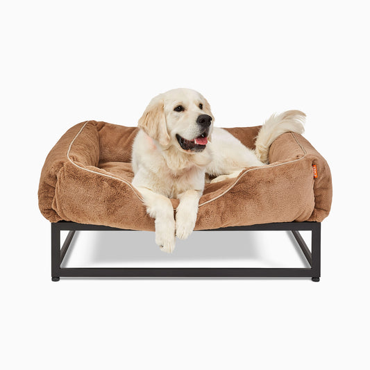 The FÜZI Elevated Dog Bed – Light Brown Bolster & Black Metal Base (S/M/L)