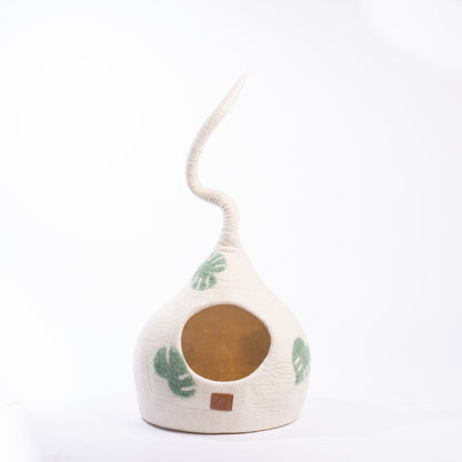 Fuzzy Cove Leaf Design Tail Style Felted Wool Cat Cave – Monstera-Inspired Cozy Hideout for Cats