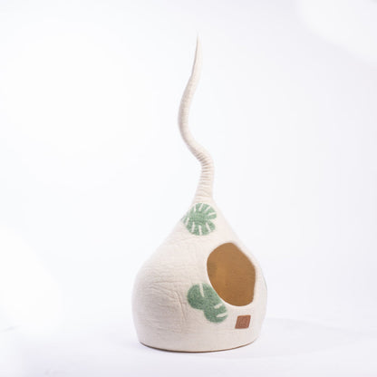 Fuzzy Cove Leaf Design Tail Style Felted Wool Cat Cave – Monstera-Inspired Cozy Hideout for Cats