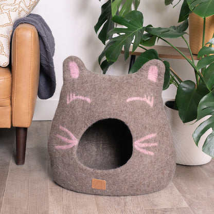 Fuzzy Cove Girl Cat Design Ear Style Felted Wool Cat Cave – Cozy Peekaboo Bed (Small & Large)