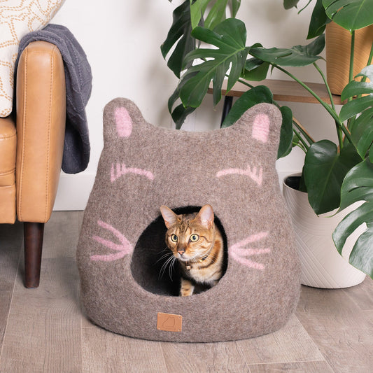 Fuzzy Cove Girl Cat Design Ear Style Felted Wool Cat Cave – Cozy Peekaboo Bed (Small & Large)