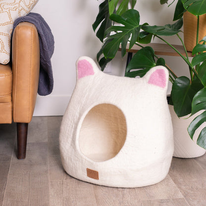 Fuzzy Cove Accent Ears Design Felted Wool Cat Cave – Ear Style Cozy Peekaboo Bed (Small & Large)