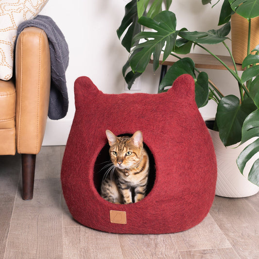 Fuzzy Cove Wine Burgundy Ear Style Felted Wool Cat Cave – Luxury Peekaboo Bed for Cats