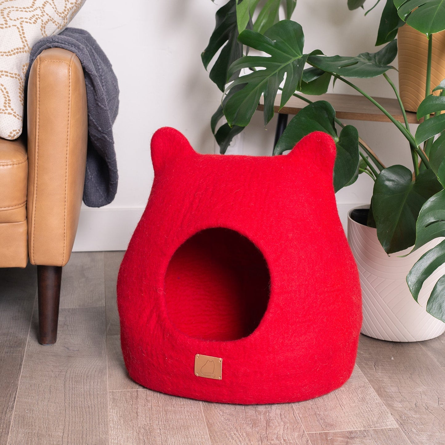 Fuzzy Cove Chili Red Ear Style Felted Wool Cat Cave – Cozy Luxury Peekaboo Bed for Cats