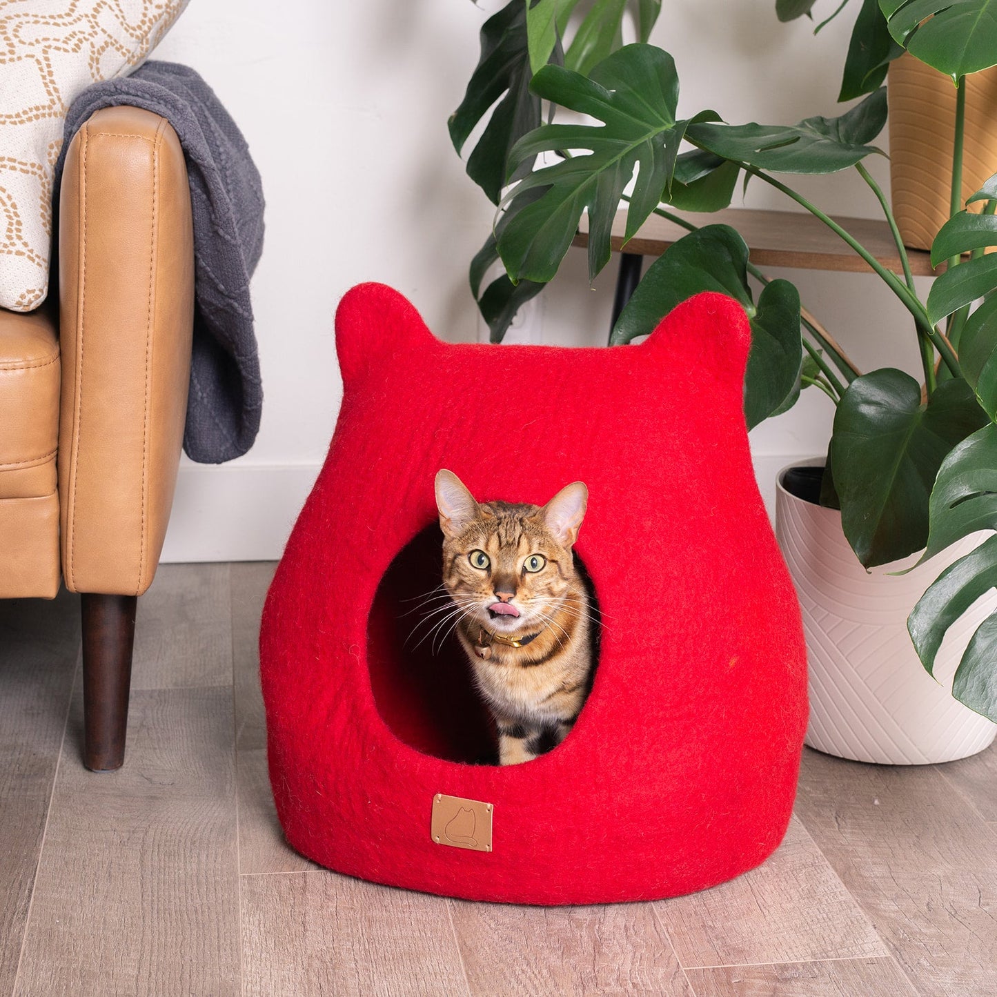 Fuzzy Cove Chili Red Ear Style Felted Wool Cat Cave – Cozy Luxury Peekaboo Bed for Cats