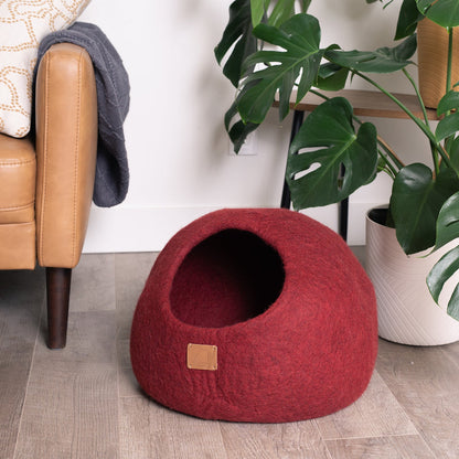 Fuzzy Cove Wine Burgundy Round Style Felted Wool Cat Cave – Cozy Peekaboo Bed for Cats
