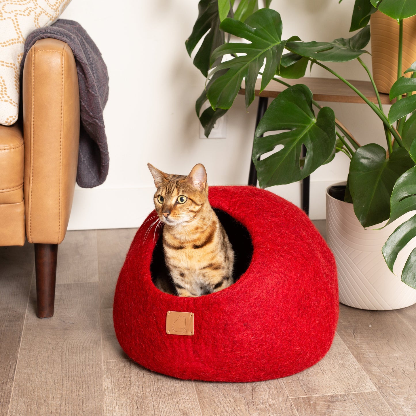 Fuzzy Cove Chili Red Round Style Felted Wool Cat Cave – Cozy Peekaboo Bed for Cats