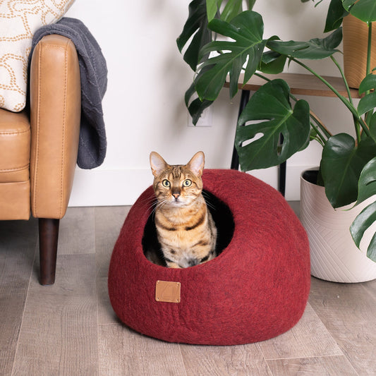 Fuzzy Cove Wine Burgundy Round Style Felted Wool Cat Cave – Cozy Peekaboo Bed for Cats