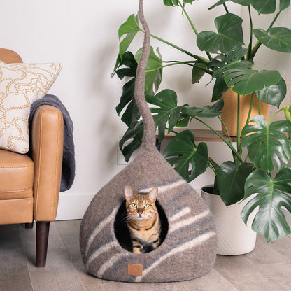 Fuzzy Cove Stone Design Felted Wool Cat Cave – Tail Style Modern Peekaboo Bed
