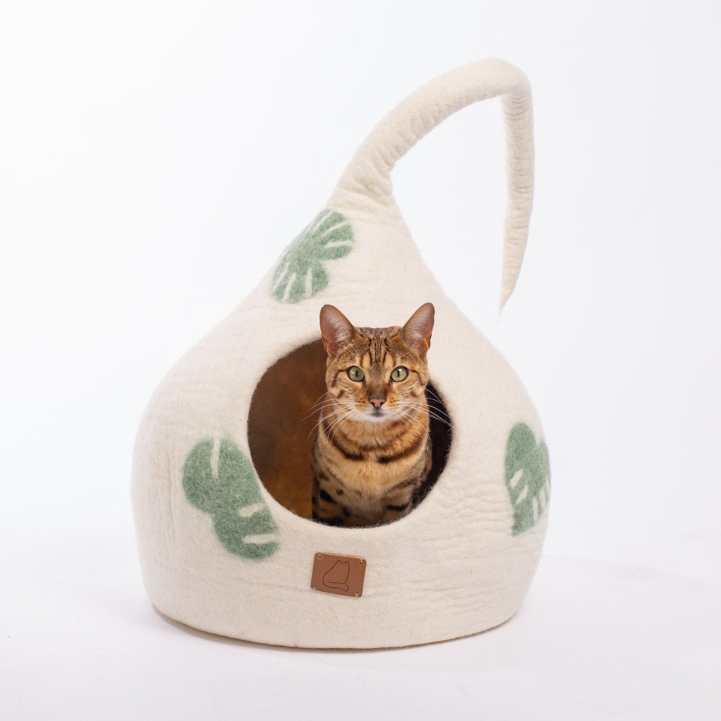 Fuzzy Cove Leaf Design Tail Style Felted Wool Cat Cave – Monstera-Inspired Cozy Hideout for Cats