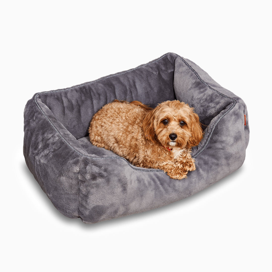 The Sammy Dog Bed – Dark Grey | Faux Fur Bolster Bed with Chew-Resistant Inserts & Washable Cover (S/M/L)