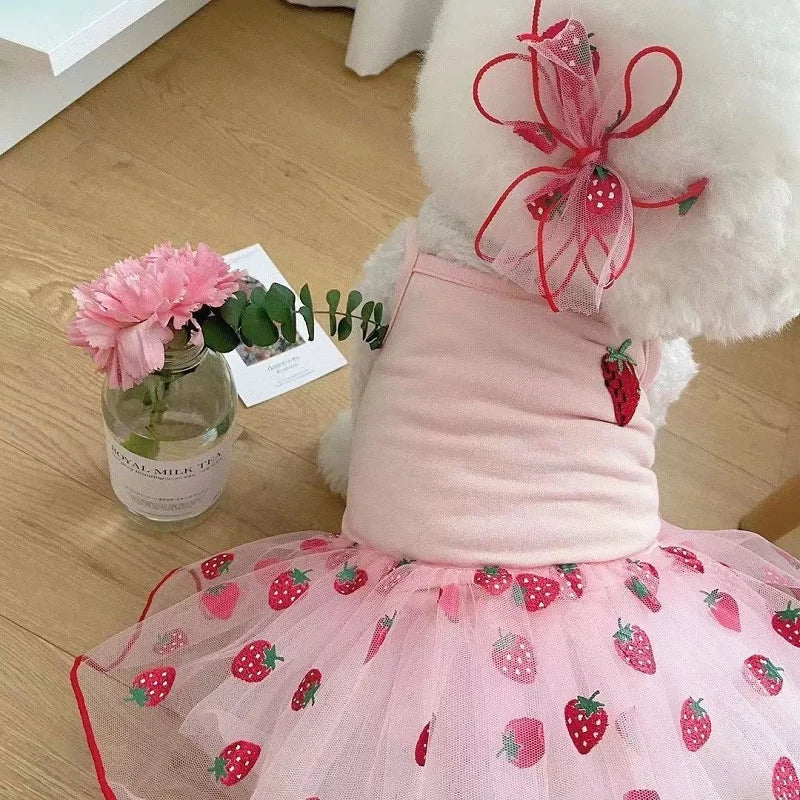 Cute Strawberry Dog Dress – Pink Tulle Summer Outfit for Small Dogs & Puppies (XS–XL)