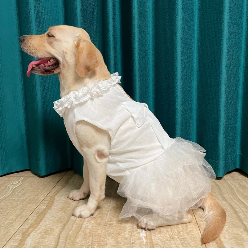 Big Dog Wedding Dress – Elegant Lace & Tulle Gown with Bow and Frilly Neckline, Perfect for Flower Dogs or Special Occasions (White or Pink, Sizes M–5XL)
