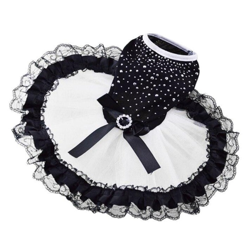 Bling Black & White Lace Dog Dress – Elegant Rhinestone Beaded Party Dress with Satin Bow & Tulle Skirt for Small to Medium Dogs | Posh Dog Life