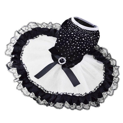Bling Black & White Lace Dog Dress – Elegant Rhinestone Beaded Party Dress with Satin Bow & Tulle Skirt for Small to Medium Dogs | Posh Dog Life