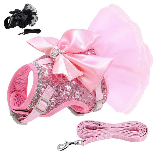 Bling Dog Harness Dress & Leash Set – Rhinestone-Embellished Harness Dress with Satin Bow, Breathable Mesh & Tulle Skirt, Adjustable Fit with Velcro & Buckles, Matching 5-ft Leash (Pink or Black, Small Dogs)