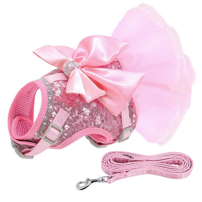 Bling Dog Harness Dress & Leash Set – Rhinestone-Embellished Harness Dress with Satin Bow, Breathable Mesh & Tulle Skirt, Adjustable Fit with Velcro & Buckles, Matching 5-ft Leash (Pink or Black, Small Dogs)