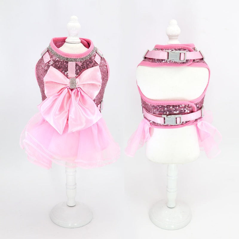 Bling Dog Harness Dress & Leash Set – Rhinestone-Embellished Harness Dress with Satin Bow, Breathable Mesh & Tulle Skirt, Adjustable Fit with Velcro & Buckles, Matching 5-ft Leash (Pink or Black, Small Dogs)