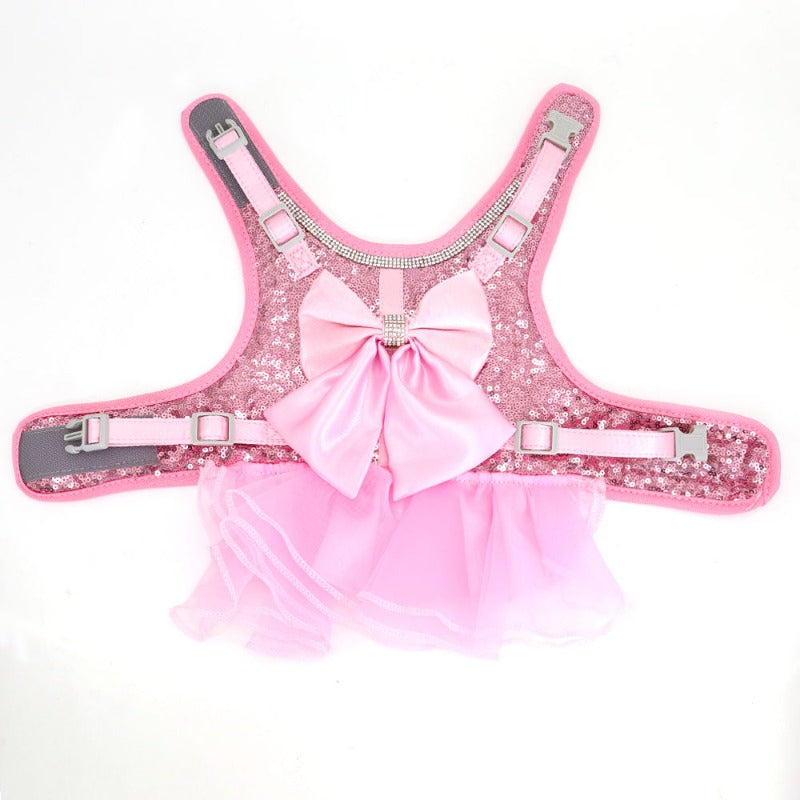 Bling Dog Harness Dress & Leash Set – Rhinestone-Embellished Harness Dress with Satin Bow, Breathable Mesh & Tulle Skirt, Adjustable Fit with Velcro & Buckles, Matching 5-ft Leash (Pink or Black, Small Dogs)