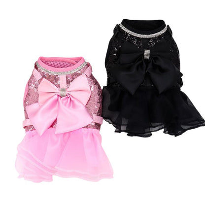 Bling Dog Harness Dress & Leash Set – Rhinestone-Embellished Harness Dress with Satin Bow, Breathable Mesh & Tulle Skirt, Adjustable Fit with Velcro & Buckles, Matching 5-ft Leash (Pink or Black, Small Dogs)