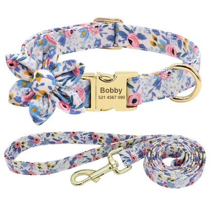 White Flower Dog Collar & Leash Set – Personalized Engraved, Adjustable Nylon (S–L)